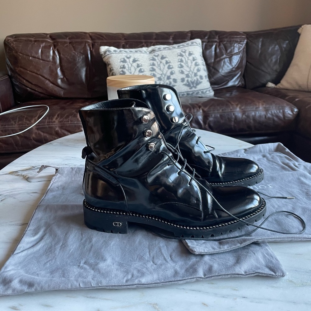 Christian Dior Crystal Embellished Patent Leather Combat boots